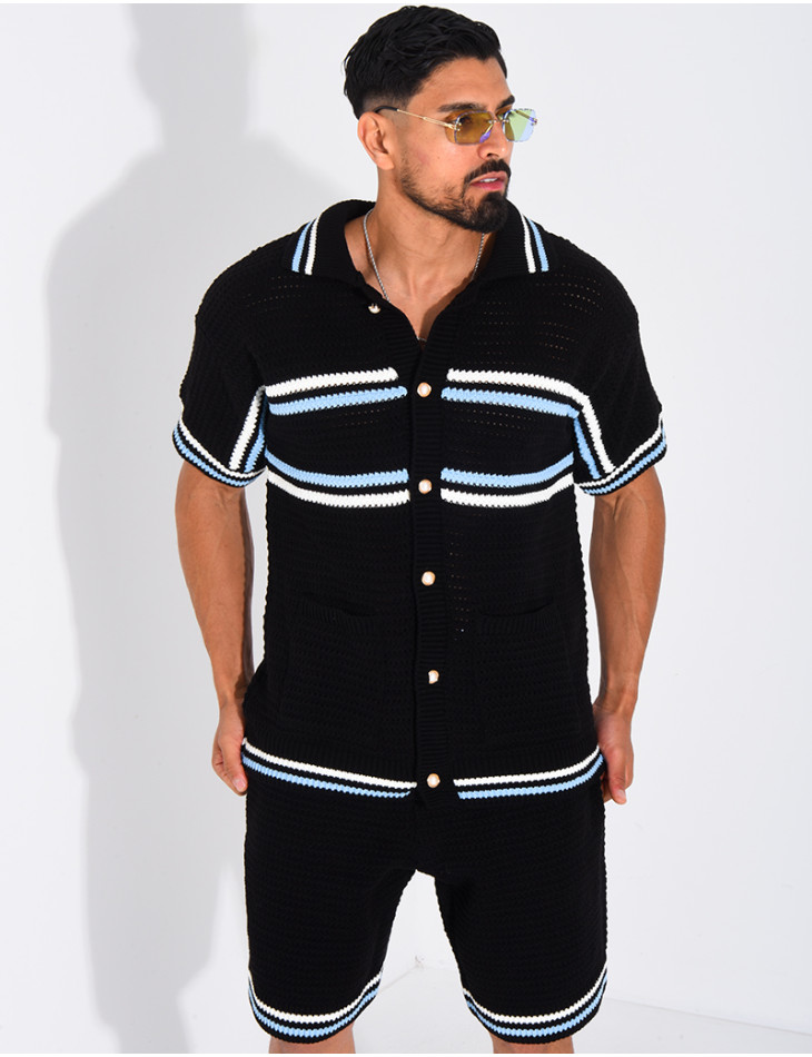 Ensemble ajouré à rayures short et chemise à boutons perle