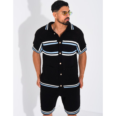Ensemble ajouré à rayures short et chemise à boutons perle
