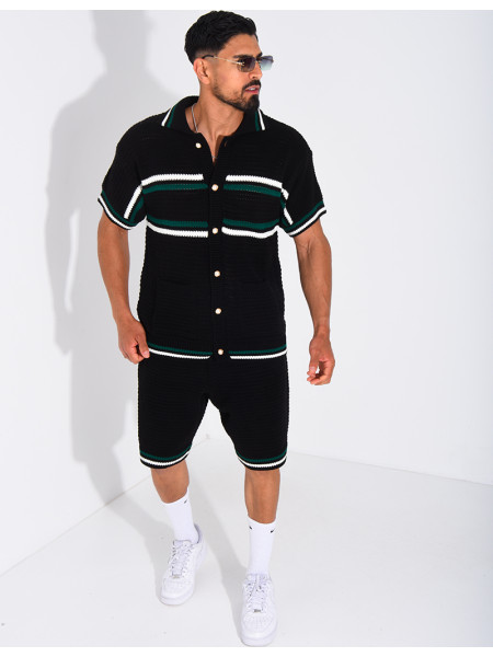 Ensemble ajouré à rayures short et chemise à boutons perle