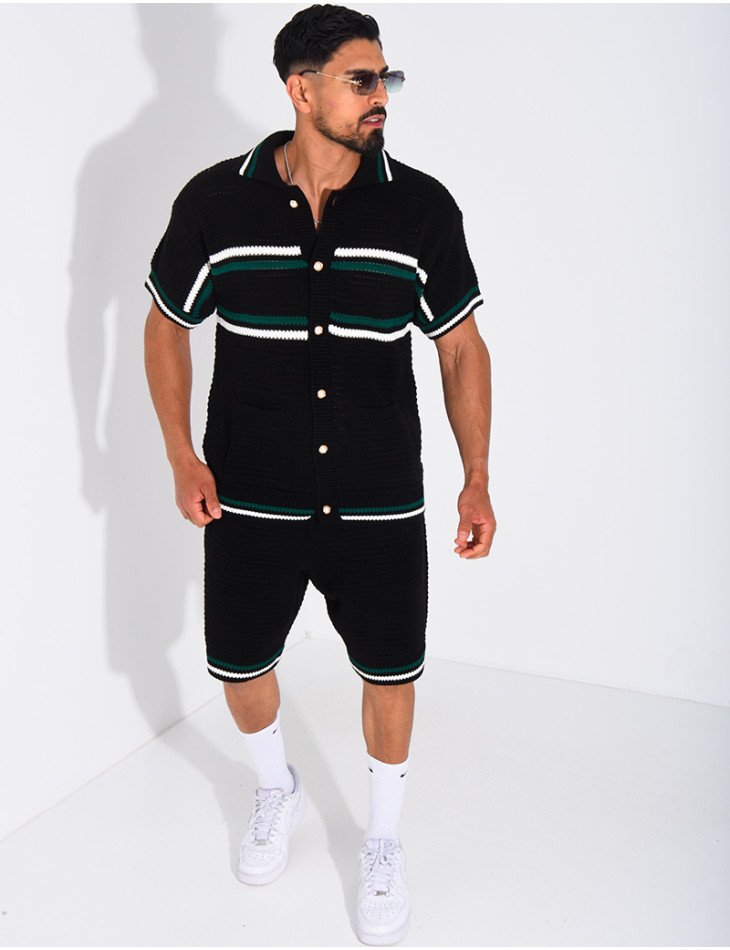 Ensemble ajouré à rayures short et chemise à boutons perle