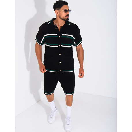 Ensemble ajouré à rayures short et chemise à boutons perle