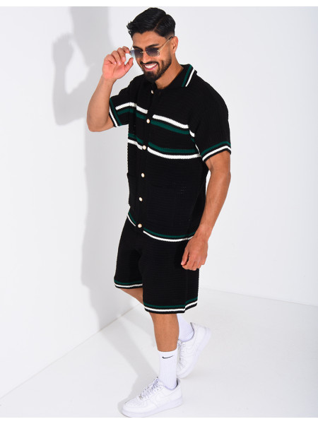 Ensemble ajouré à rayures short et chemise à boutons perle