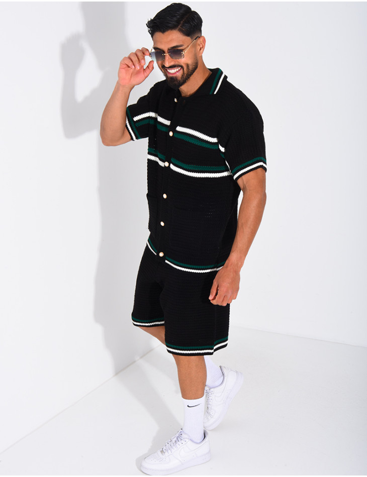 Ensemble ajouré à rayures short et chemise à boutons perle