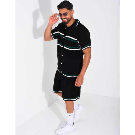 Ensemble ajouré à rayures short et chemise à boutons perle