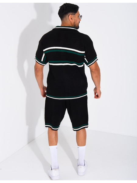 Ensemble ajouré à rayures short et chemise à boutons perle