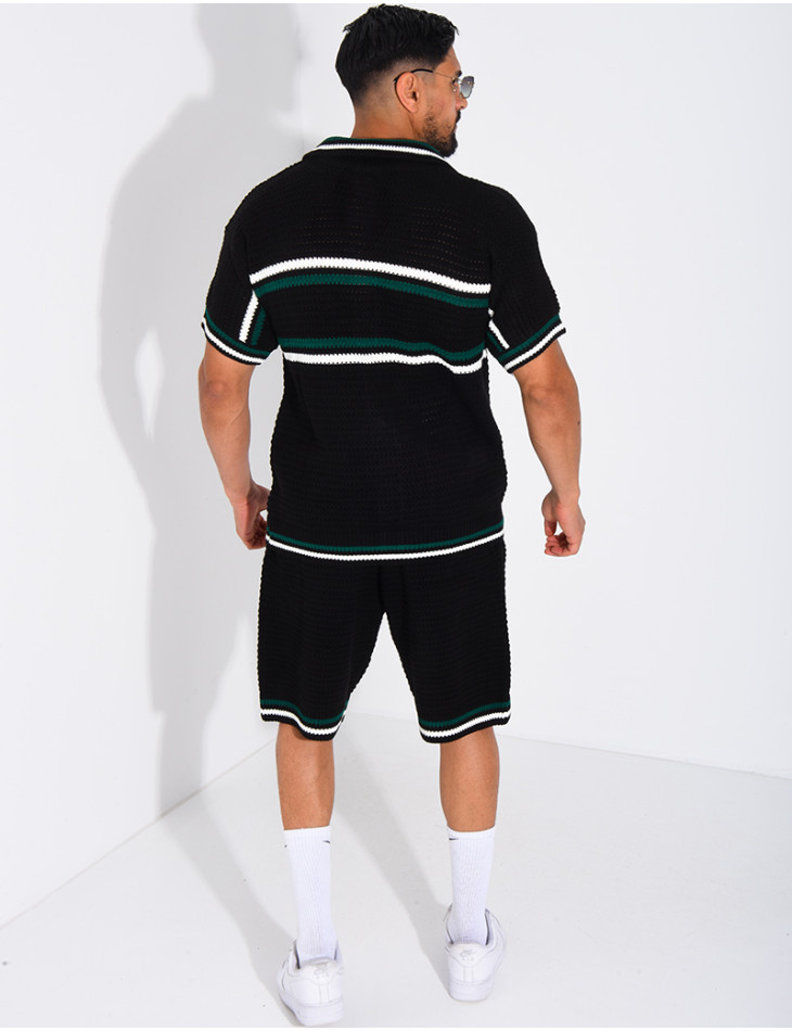 Ensemble ajouré à rayures short et chemise à boutons perle