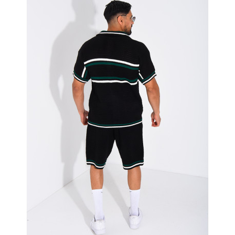 Ensemble ajouré à rayures short et chemise à boutons perle