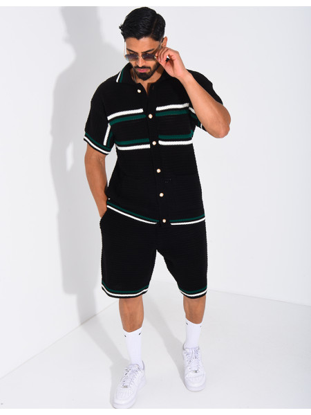 Ensemble ajouré à rayures short et chemise à boutons perle