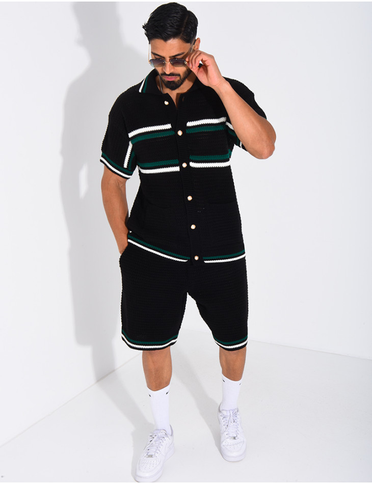 Ensemble ajouré à rayures short et chemise à boutons perle