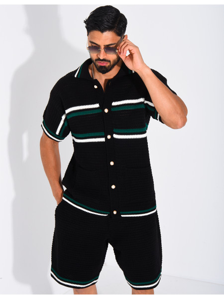 Ensemble ajouré à rayures short et chemise à boutons perle