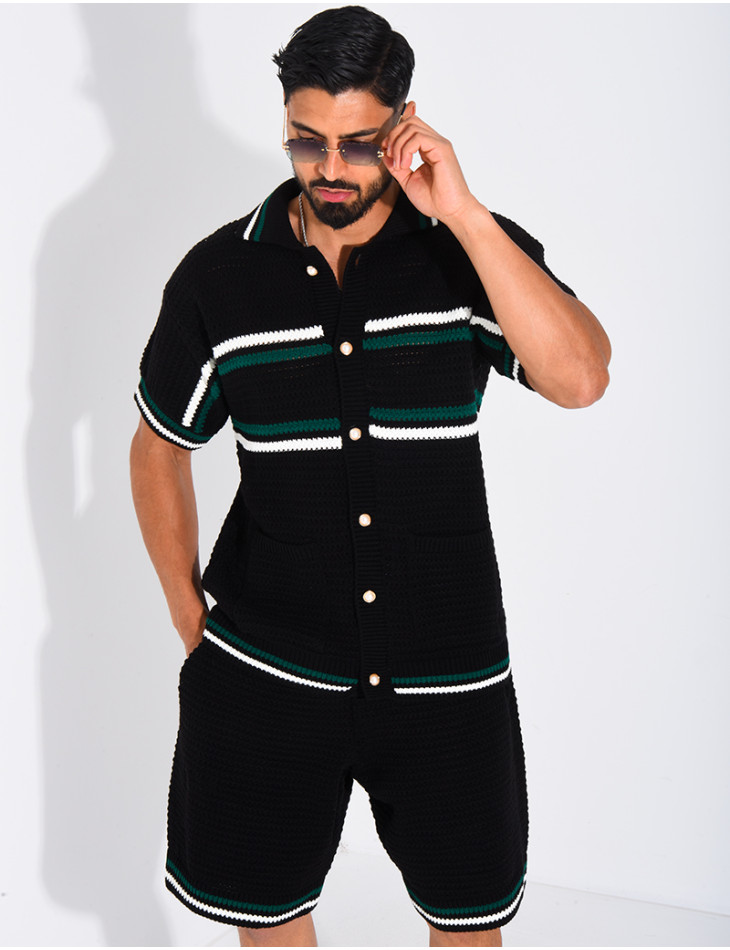 Ensemble ajouré à rayures short et chemise à boutons perle