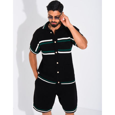 Ensemble ajouré à rayures short et chemise à boutons perle