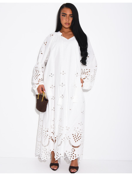 Long cotton dress with openwork embroidery and drawstrings