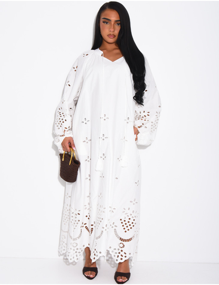 Long cotton dress with openwork embroidery and drawstrings