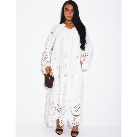 Long cotton dress with openwork embroidery and drawstrings