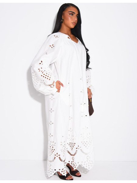Long cotton dress with openwork embroidery and drawstrings