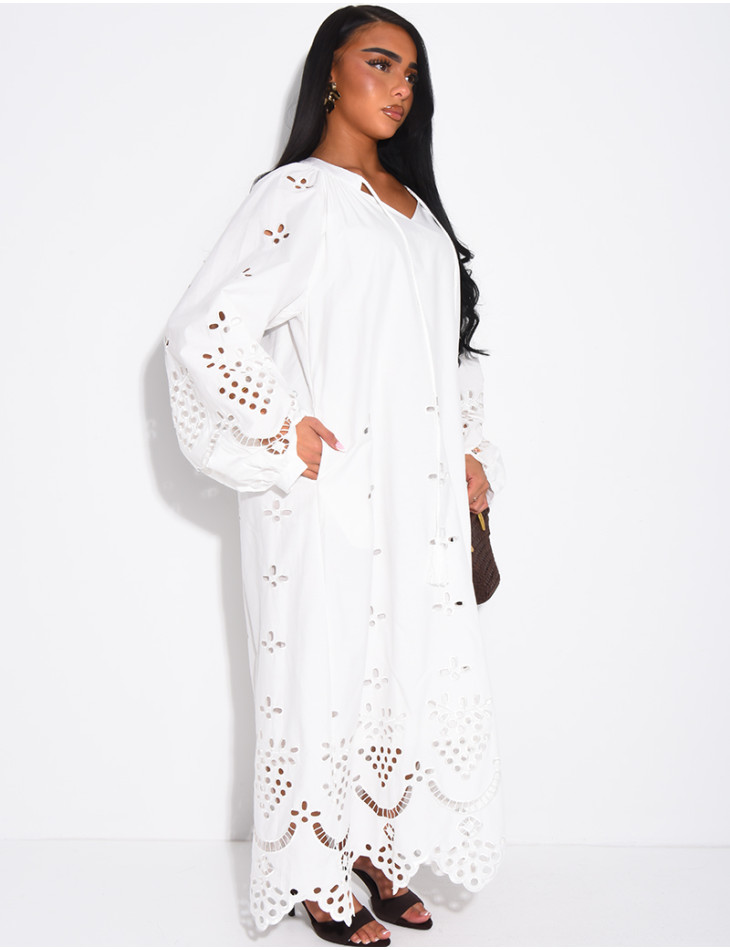 Long cotton dress with openwork embroidery and drawstrings