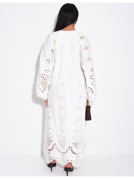Long cotton dress with openwork embroidery and drawstrings