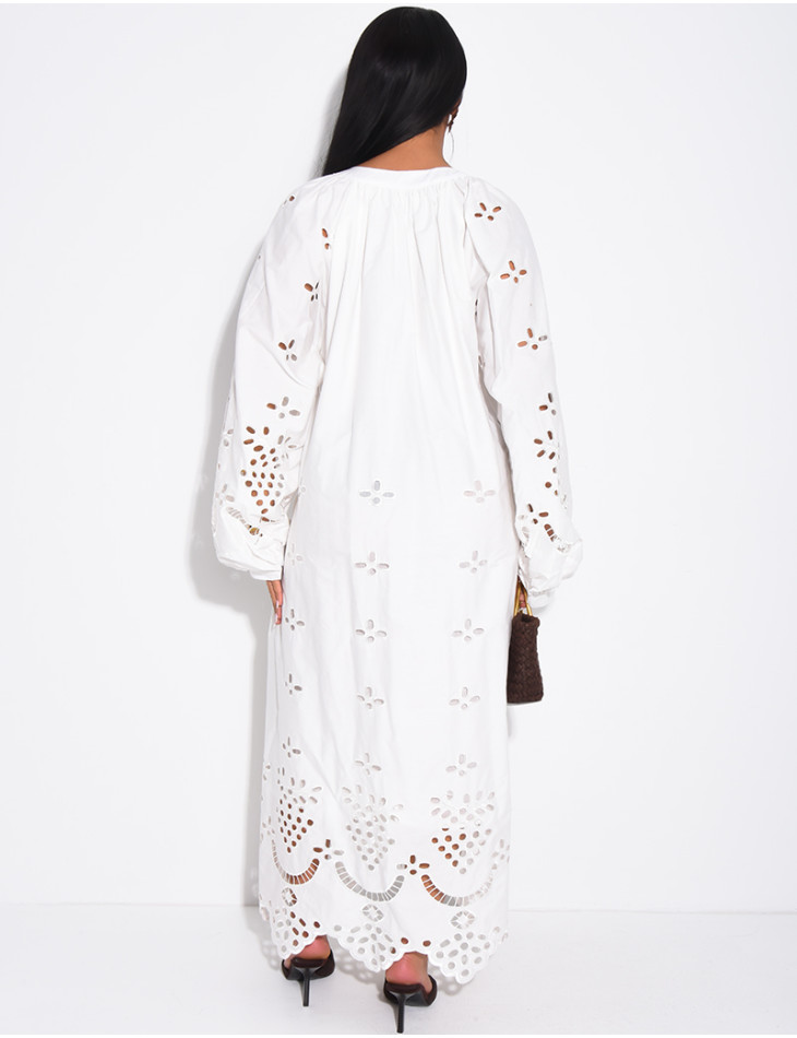 Long cotton dress with openwork embroidery and drawstrings
