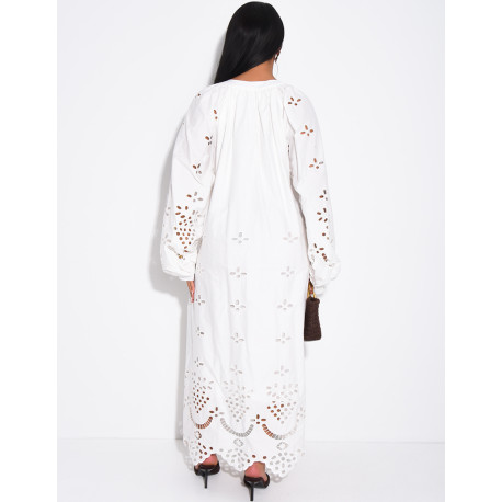 Long cotton dress with openwork embroidery and drawstrings