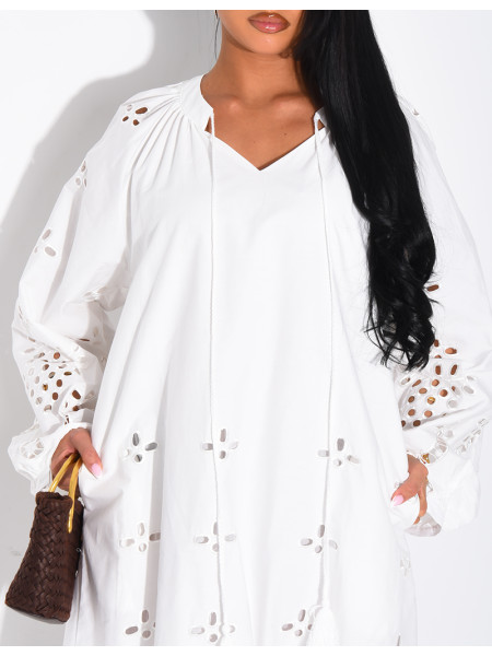 Long cotton dress with openwork embroidery and drawstrings