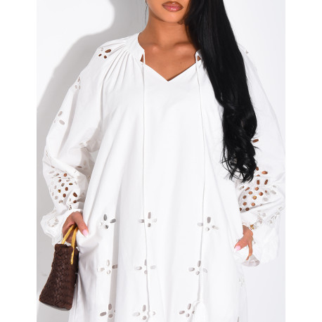 Long cotton dress with openwork embroidery and drawstrings