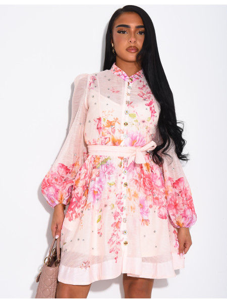 Short printed dress with a rhinestone-embellished waistband