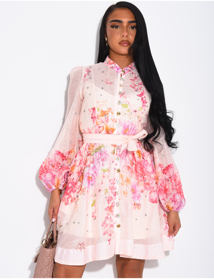 Short printed dress with a rhinestone-embellished waistband