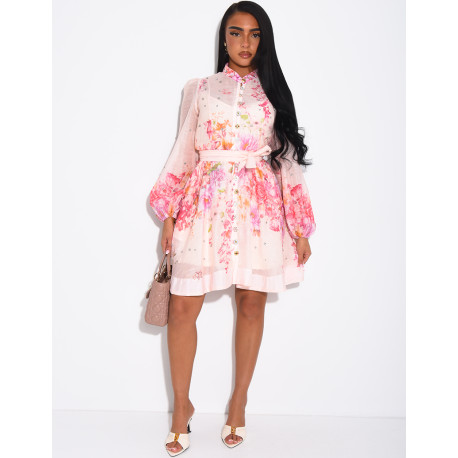 Short printed dress with a rhinestone-embellished waistband