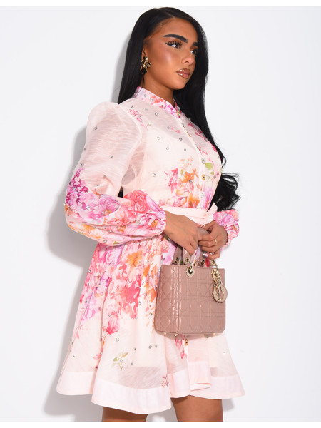 Short printed dress with a rhinestone-embellished waistband