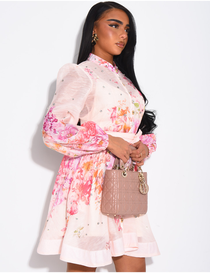 Short printed dress with a rhinestone-embellished waistband