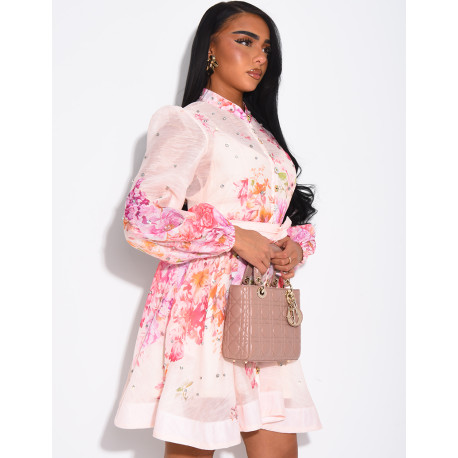 Short printed dress with a rhinestone-embellished waistband