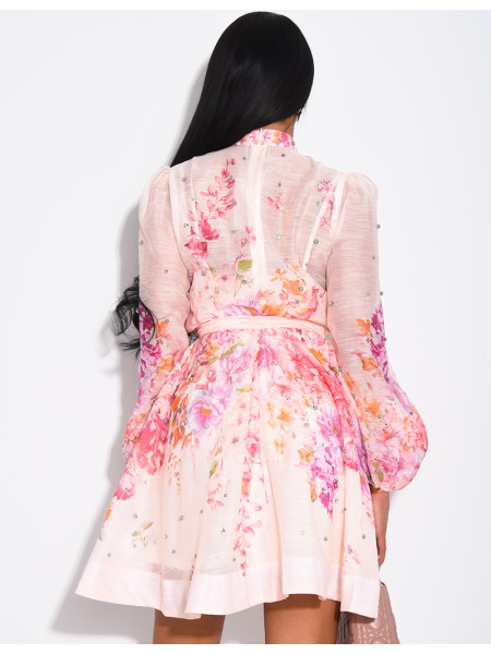 Short printed dress with a rhinestone-embellished waistband