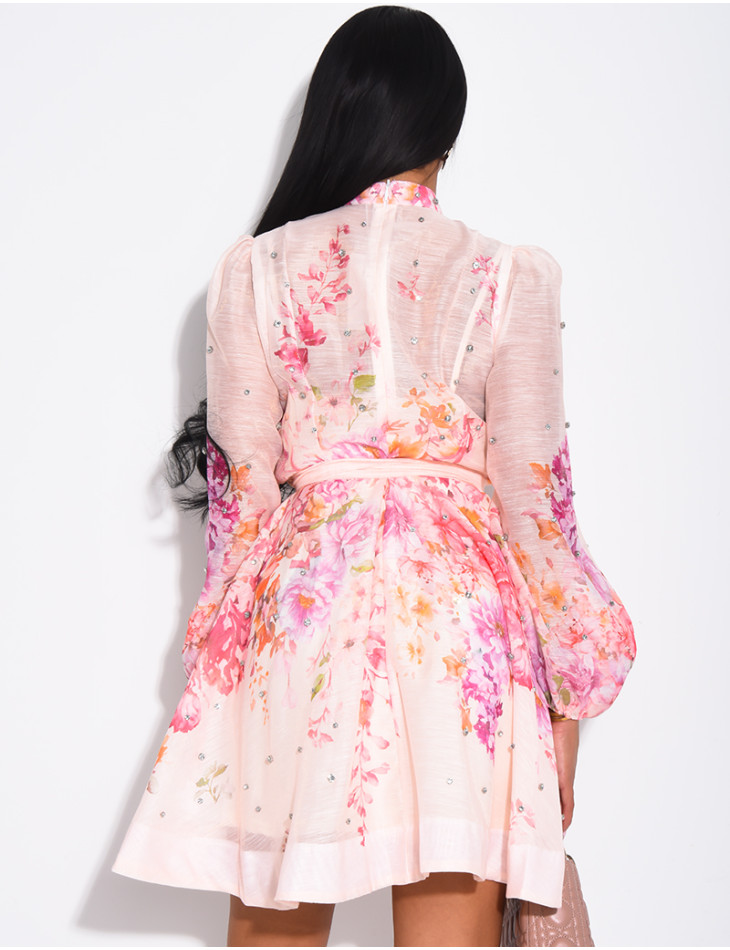 Short printed dress with a rhinestone-embellished waistband