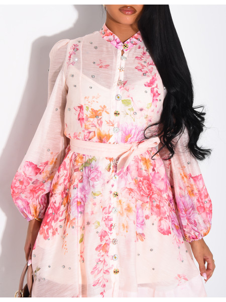 Short printed dress with a rhinestone-embellished waistband