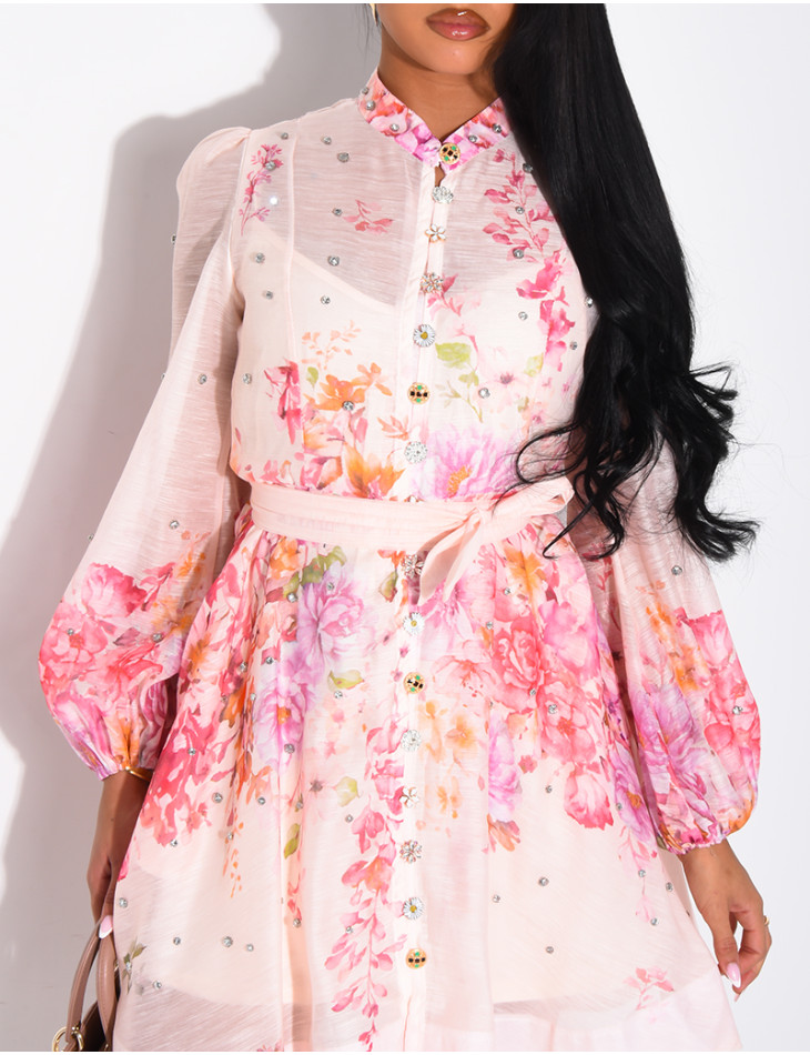 Short printed dress with a rhinestone-embellished waistband