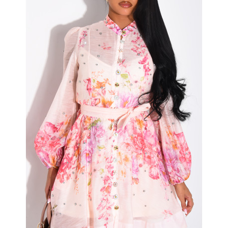 Short printed dress with a rhinestone-embellished waistband