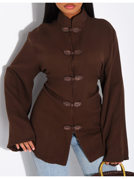 Bluse mit Stehkragen und Bändern, die am Rücken gebunden werden