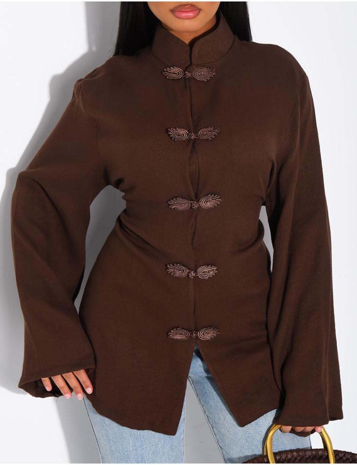Bluse mit Stehkragen und Bändern, die am Rücken gebunden werden