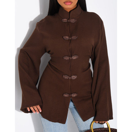 Bluse mit Stehkragen und Bändern, die am Rücken gebunden werden
