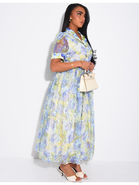 Floral-print voile button-down dress with a belt