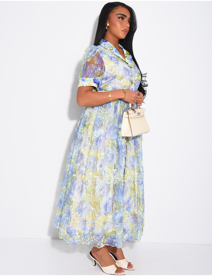 Floral-print voile button-down dress with a belt