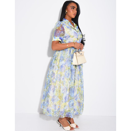 Floral-print voile button-down dress with a belt