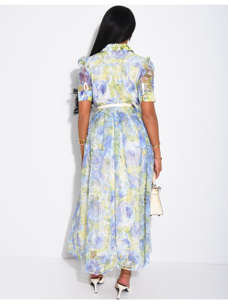 Floral-print voile button-down dress with a belt