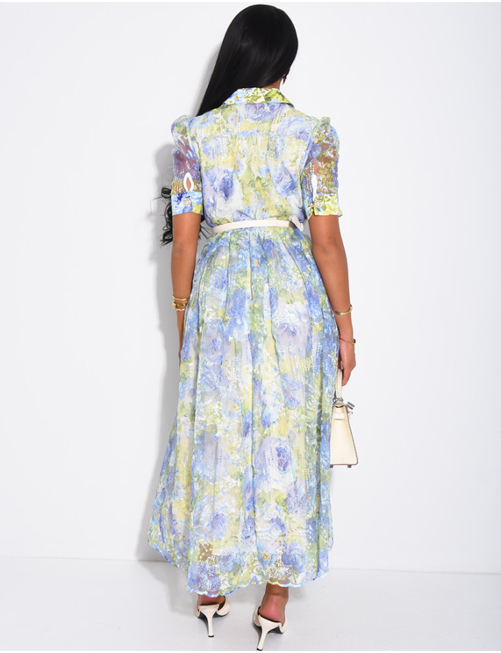 Floral-print voile button-down dress with a belt