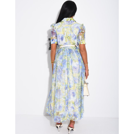 Floral-print voile button-down dress with a belt