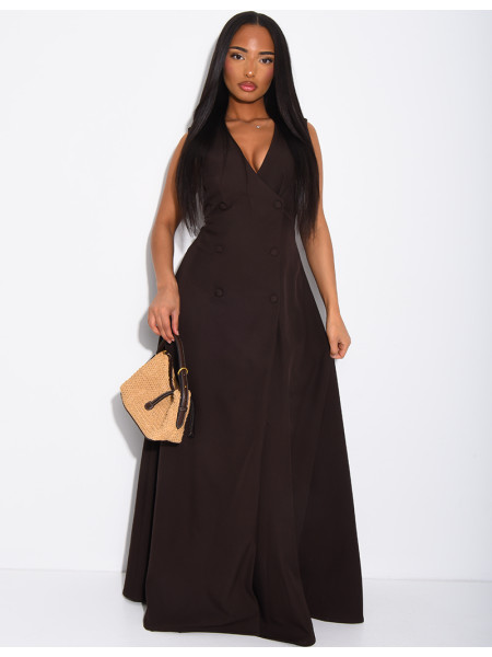 Long, sleeveless button-up dress with a tie at the back