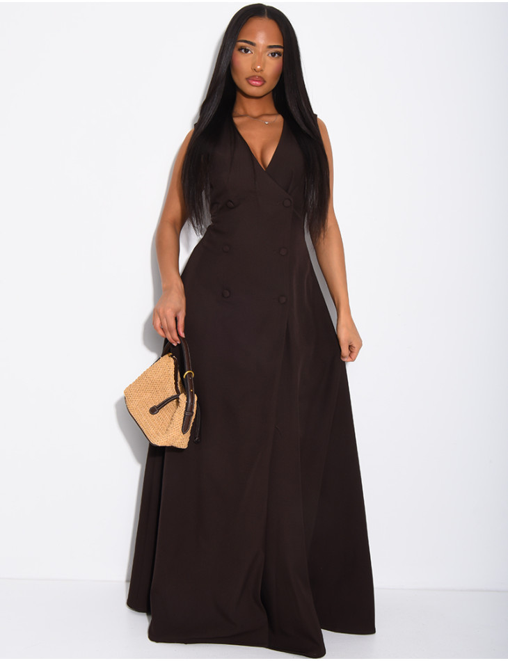 Long, sleeveless button-up dress with a tie at the back