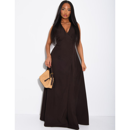 Long, sleeveless button-up dress with a tie at the back