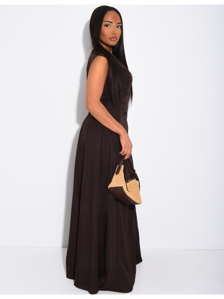 Long, sleeveless button-up dress with a tie at the back